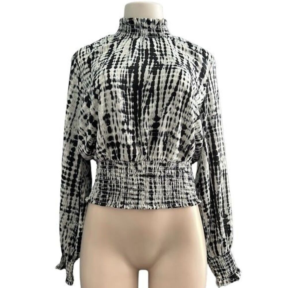True Destiny Black and White Cinched Waist Long Sleeve High Neck Blouse Size XL